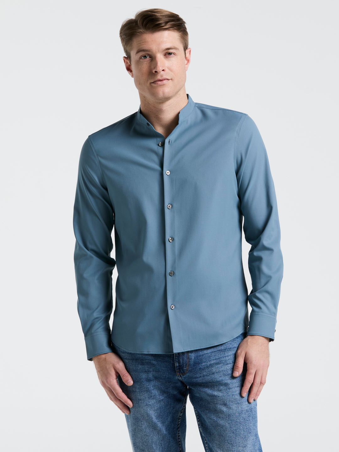 band dress shirts Perry Ellis Men's Untucked Slim Fit Total Stretch Banded Collar Shirt in Bright White, Size 2XL, 100% Polyester, Solid Long Sleeves