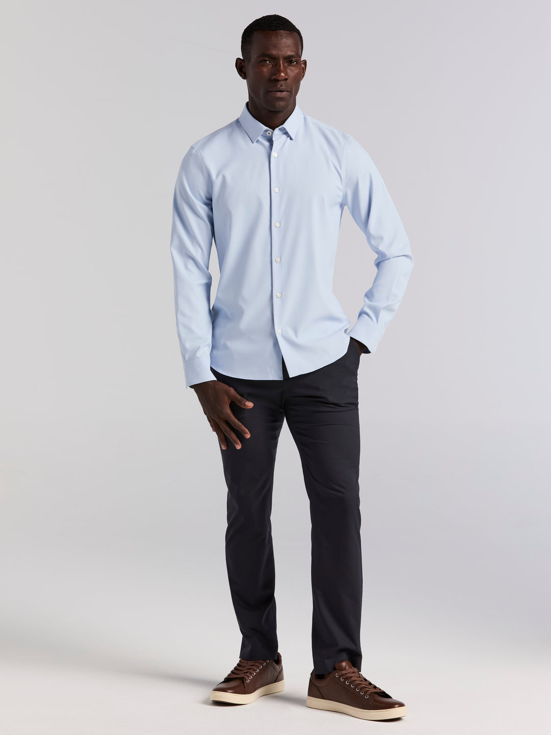 blue dress shirt black pants Navy and Outfit Combinations for Men wearing this shirt you will show blue dress pants black shirt