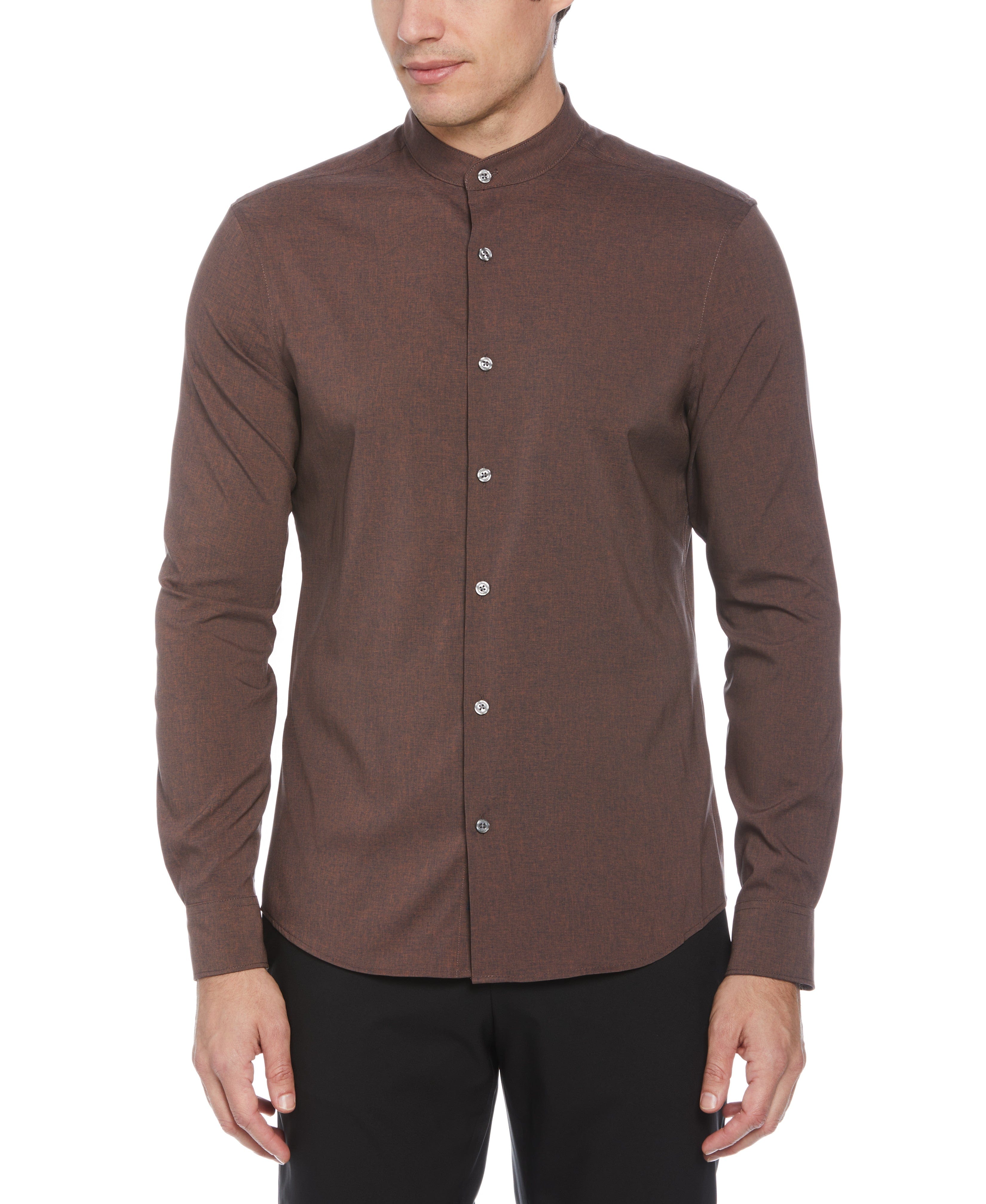 Untucked Total Stretch Slim Fit Banded Collar Shirt - Brown Untucked Total Stretch Slim Fit Banded Collar Shirt - Brown
