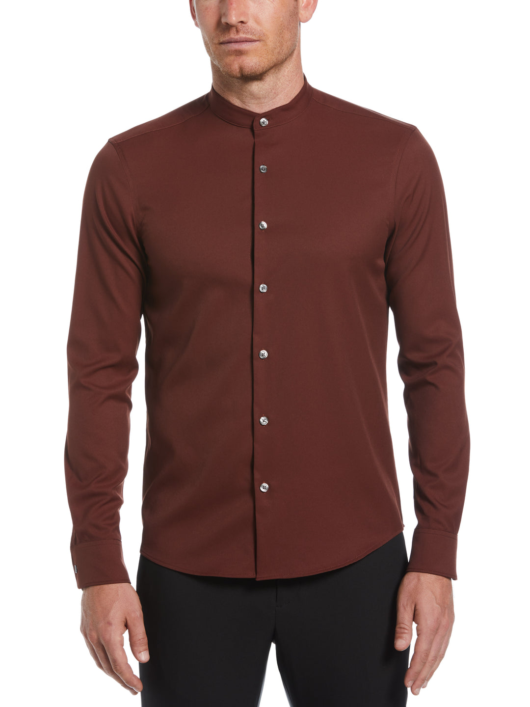 Untucked Total Stretch Slim Fit Banded Collar Shirt (Rum Raisin) 