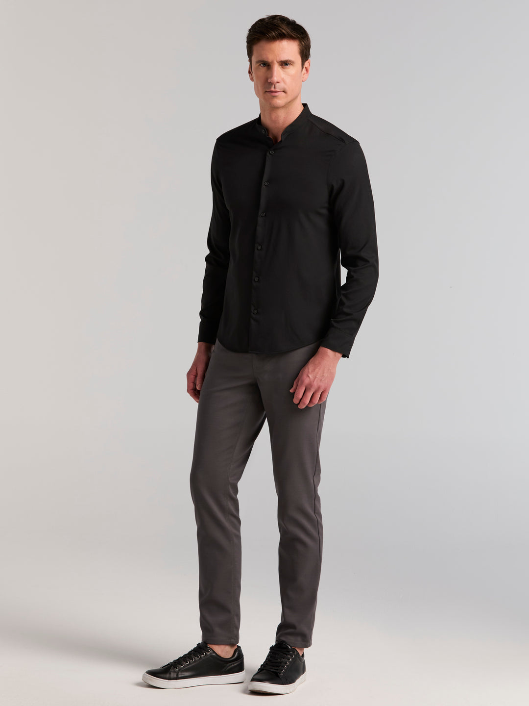 Perry Ellis Men's Untucked Total Stretch Slim Fit Banded Collar Shirt - Black - Casual Shirts Perry Ellis Men's Untucked Total Stretch Slim Fit Banded Collar Shirt - Black - Casual Shirts