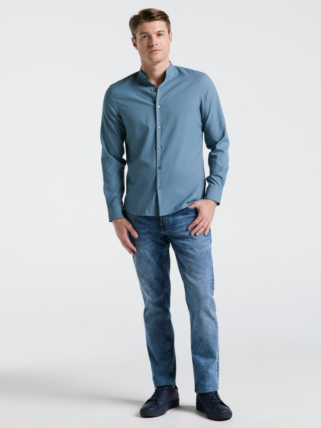 Untucked Total Stretch Slim Fit Banded Collar Shirt (Blue Mirage) 