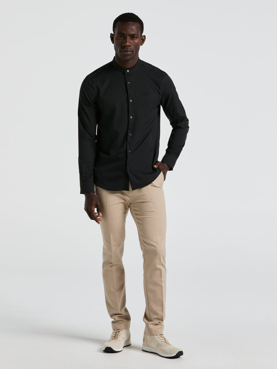 Untucked Total Stretch Slim Fit Banded Collar Shirt (Black) 