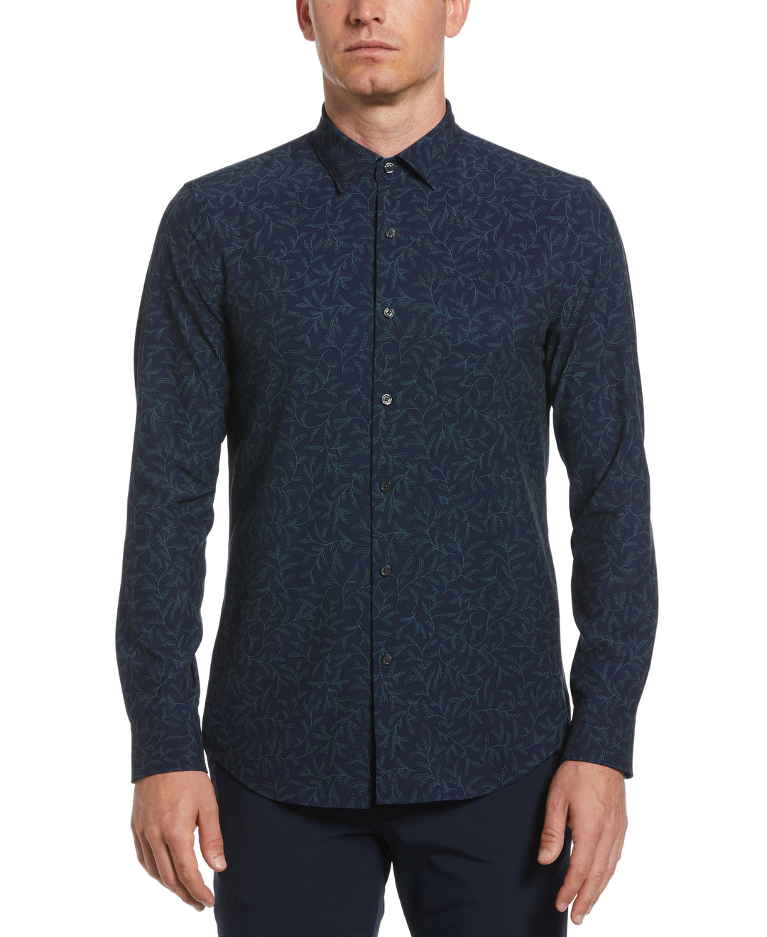 Untucked Total Stretch Slim Fit Leaf Print Shirt (Dark Sapphire) 