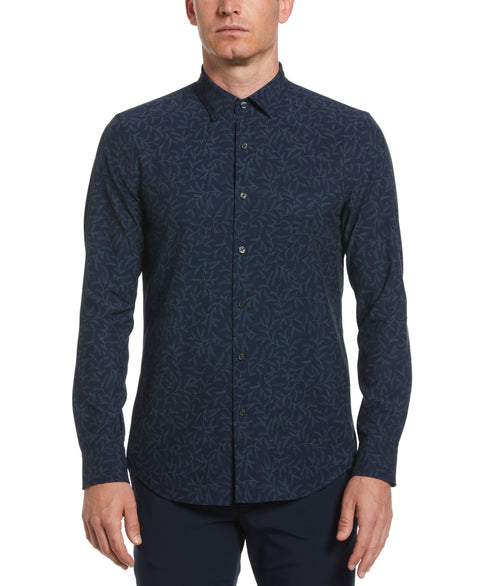 Untucked Total Stretch Slim Fit Leaf Print Shirt (Dark Sapphire) 