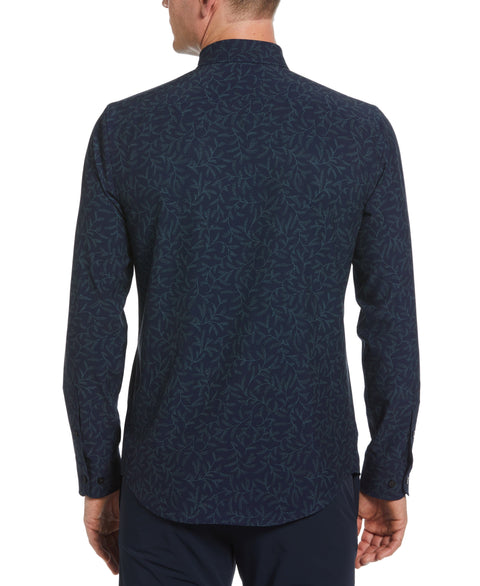 Untucked Total Stretch Slim Fit Leaf Print Shirt (Dark Sapphire) 