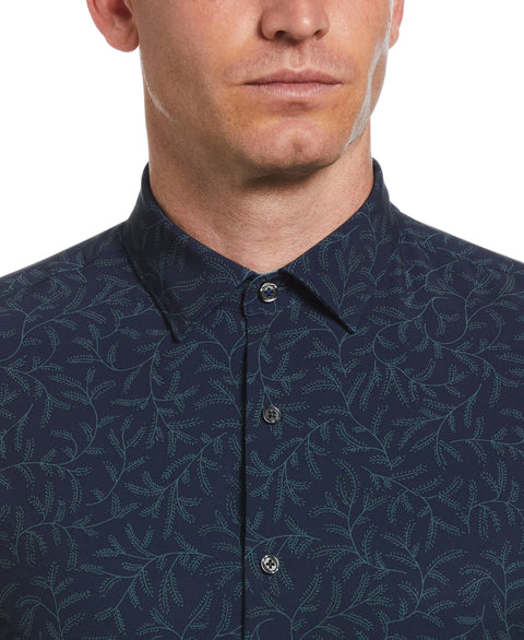 Untucked Total Stretch Slim Fit Leaf Print Shirt (Dark Sapphire) 