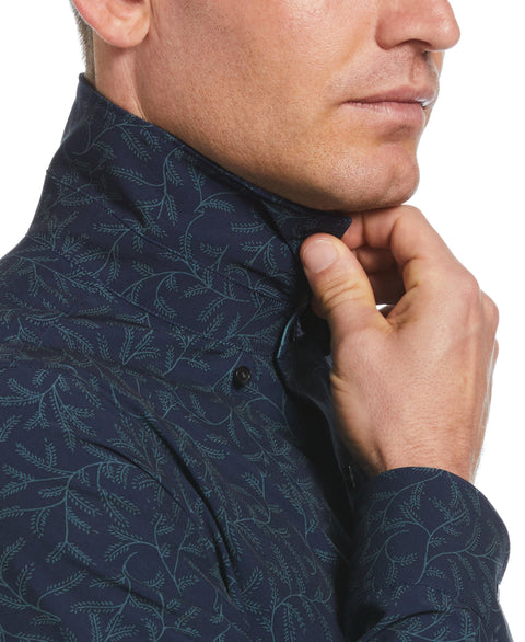 Untucked Total Stretch Slim Fit Leaf Print Shirt (Dark Sapphire) 