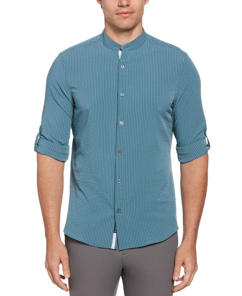 Untucked Roll Sleeve Slim Fit Seersucker Stretch Shirt (Copen Blue) 