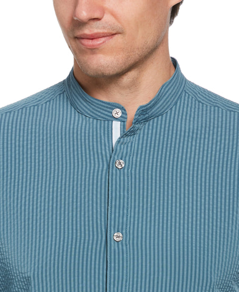 Untucked Roll Sleeve Slim Fit Seersucker Stretch Shirt (Copen Blue) 