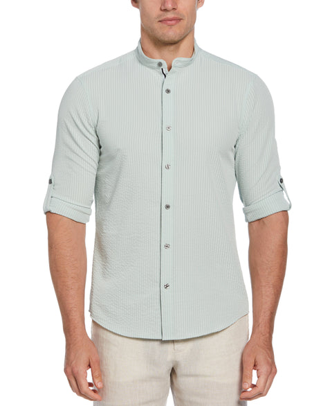 Untucked Roll Sleeve Slim Fit Seersucker Stretch Shirt (Aqua Gray) 