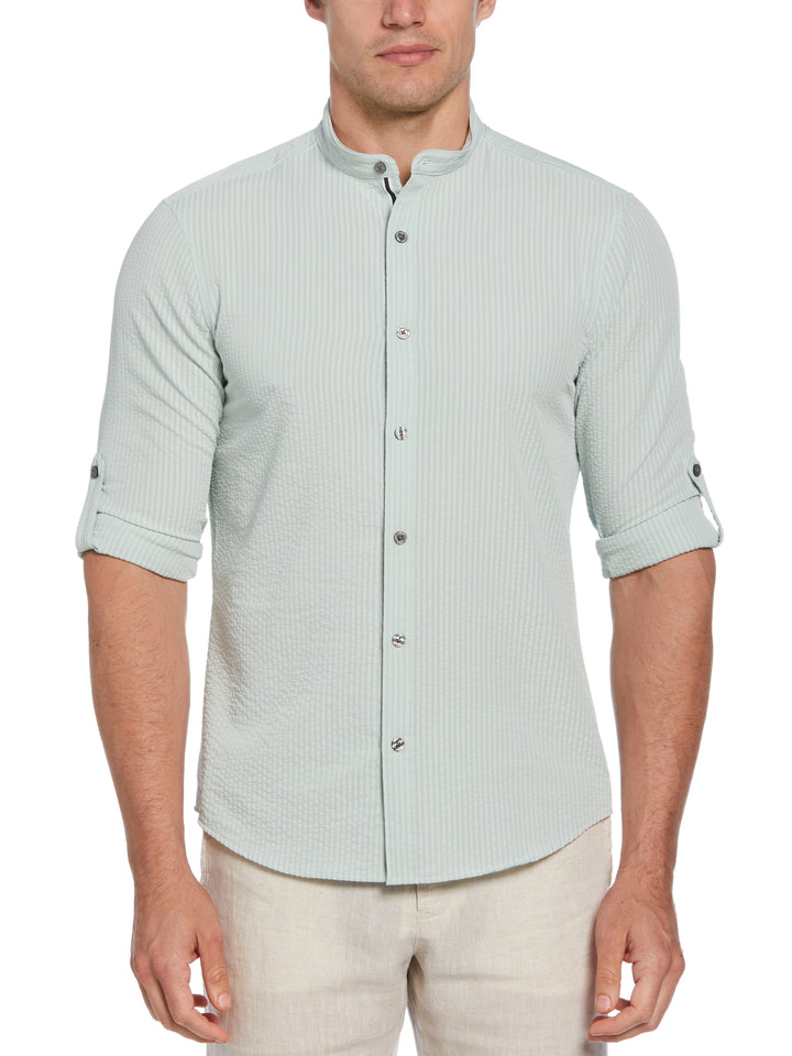 Untucked Roll Sleeve Slim Fit Seersucker Stretch Shirt (Aqua Gray) 