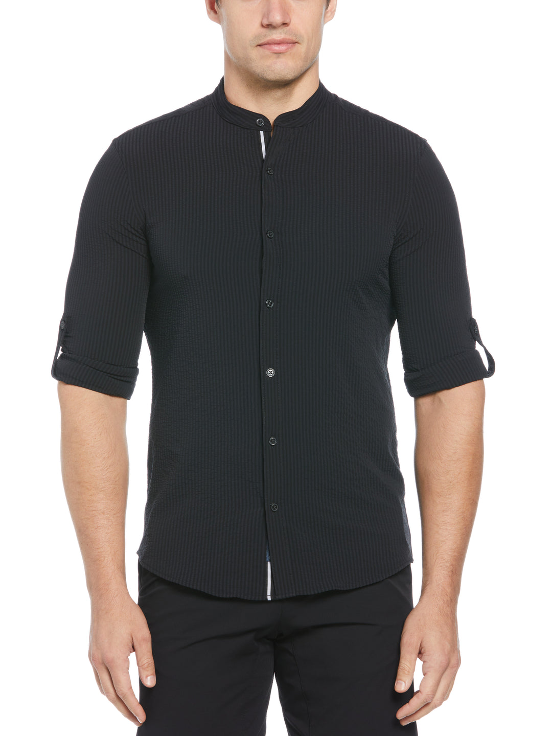 Untucked Roll Sleeve Slim Fit Seersucker Stretch Shirt (Black) 