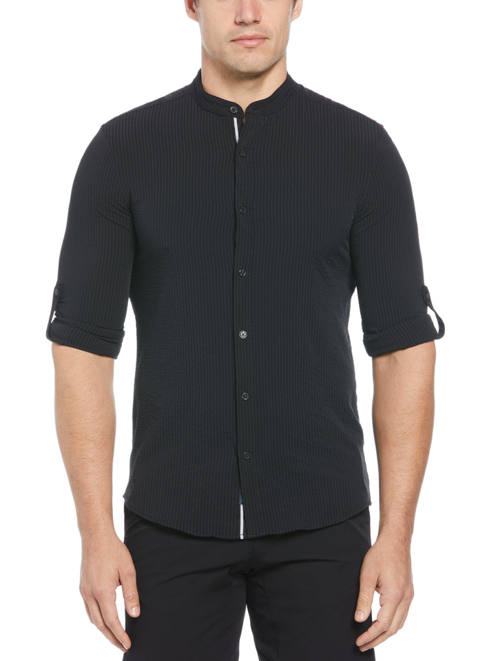 Untucked Roll Sleeve Slim Fit Seersucker Stretch Shirt (Black) 
