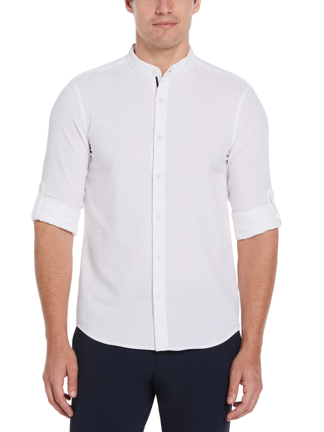 Untucked Roll Sleeve Slim Fit Seersucker Stretch Shirt (Bright White) 