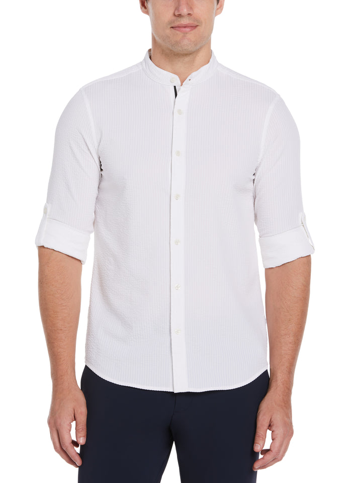 Untucked Roll Sleeve Slim Fit Seersucker Stretch Shirt (Bright White) 