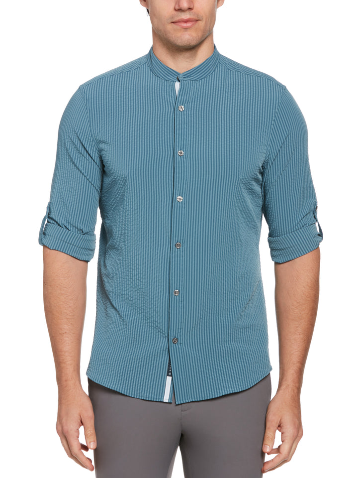 Untucked Roll Sleeve Slim Fit Seersucker Stretch Shirt (Copen Blue) 