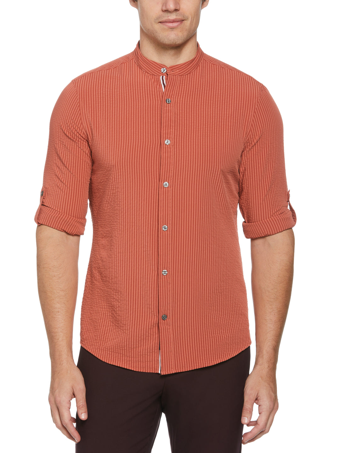 Untucked Roll Sleeve Slim Fit Seersucker Stretch Shirt – Perry Ellis Untucked Roll Sleeve Slim Fit Seersucker Stretch Shirt – Perry Ellis