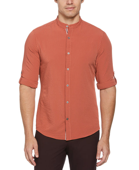 Untucked Roll Sleeve Slim Fit Seersucker Stretch Shirt (Etruscan Red) 