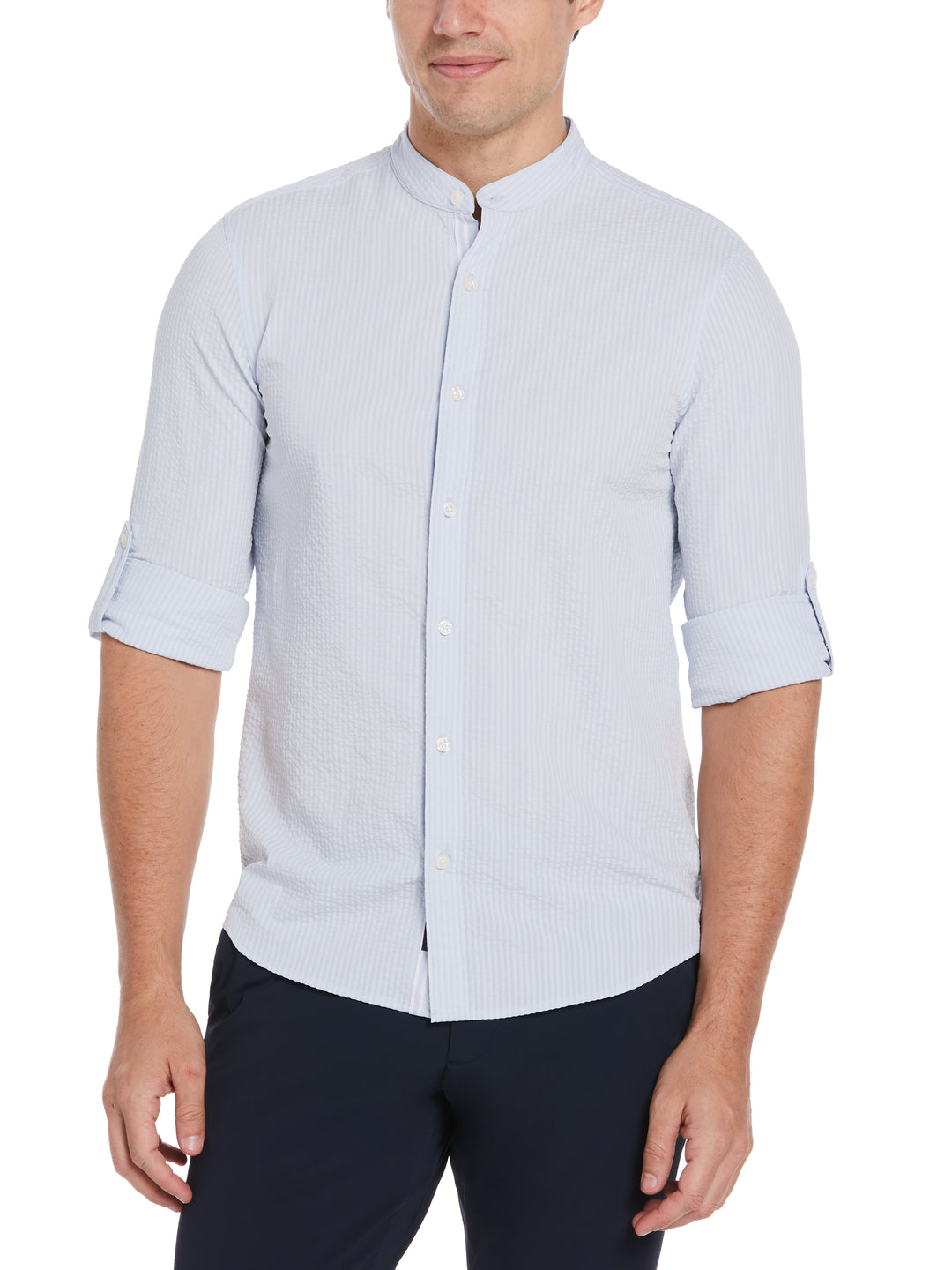 Untucked Roll Sleeve Slim Fit Seersucker Stretch Shirt (Heather) 
