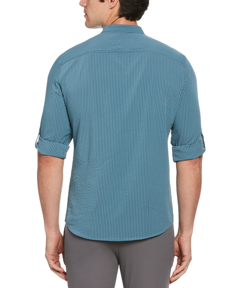 Untucked Roll Sleeve Slim Fit Seersucker Stretch Shirt (Copen Blue) 