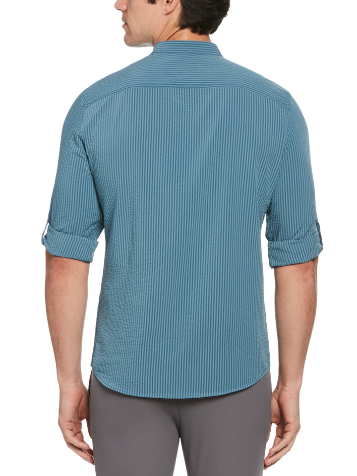 Untucked Roll Sleeve Slim Fit Seersucker Stretch Shirt (Copen Blue) 