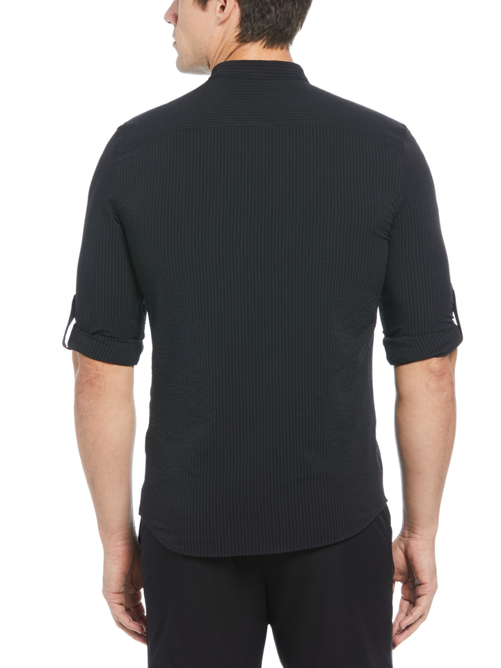 Untucked Roll Sleeve Slim Fit Seersucker Stretch Shirt (Black) 
