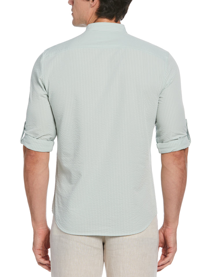 Untucked Roll Sleeve Slim Fit Seersucker Stretch Shirt (Aqua Gray) 
