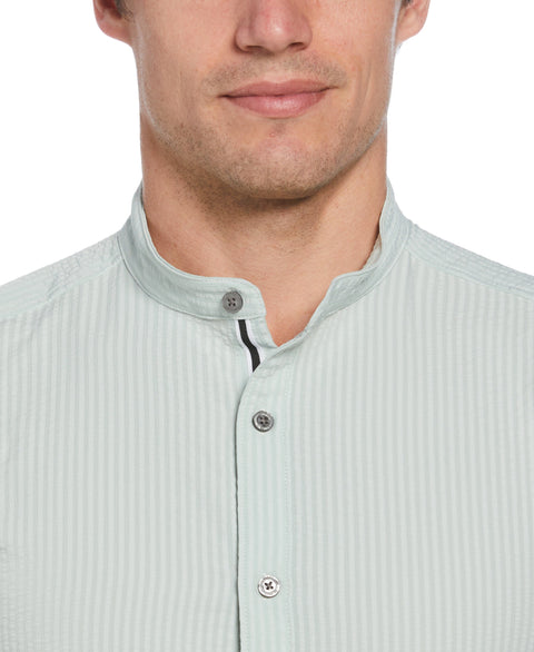 Untucked Roll Sleeve Slim Fit Seersucker Stretch Shirt (Aqua Gray) 