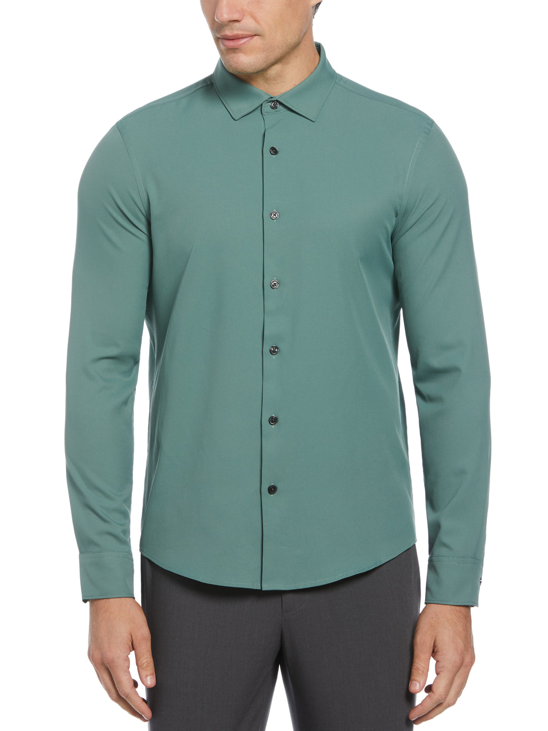 Men's Untucked Slim Fit Solid Stretch Shirt (Dark Forest) 