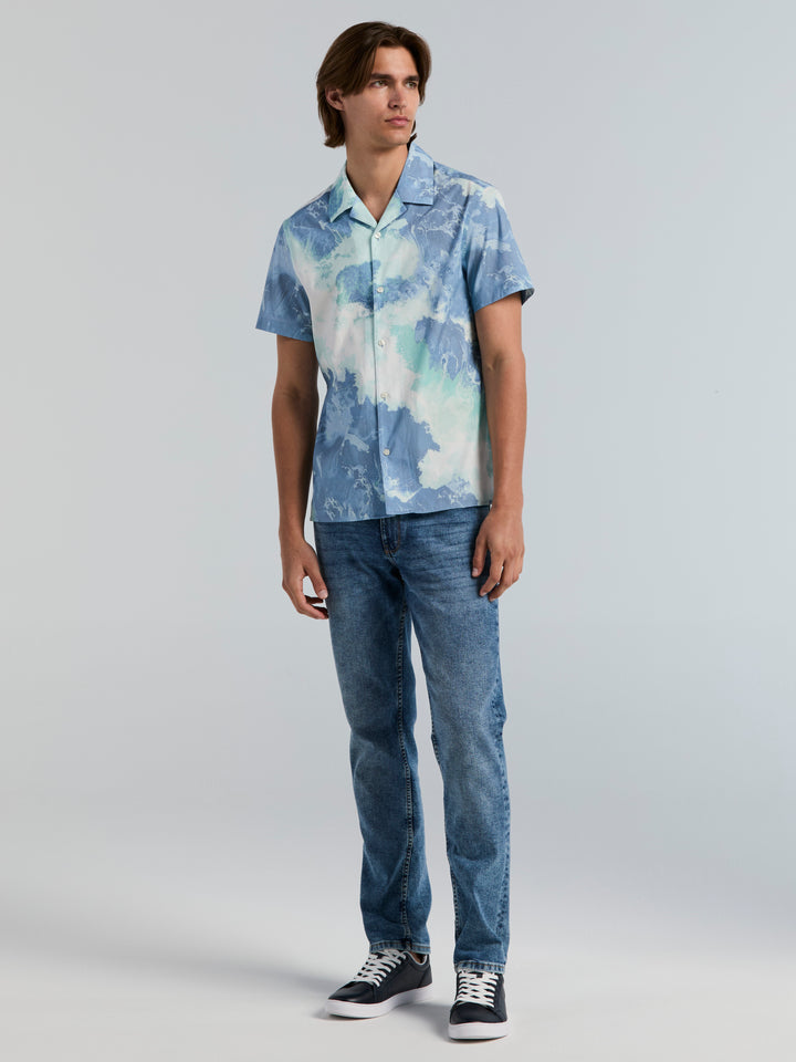 Short Sleeve Camp Wave Print Shirt (Skylight) 
