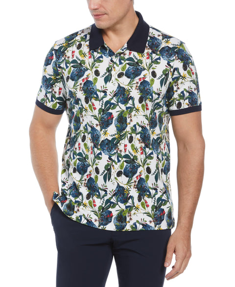 Short Sleeve Wildflower Print Polo Shirt (Bright White) 