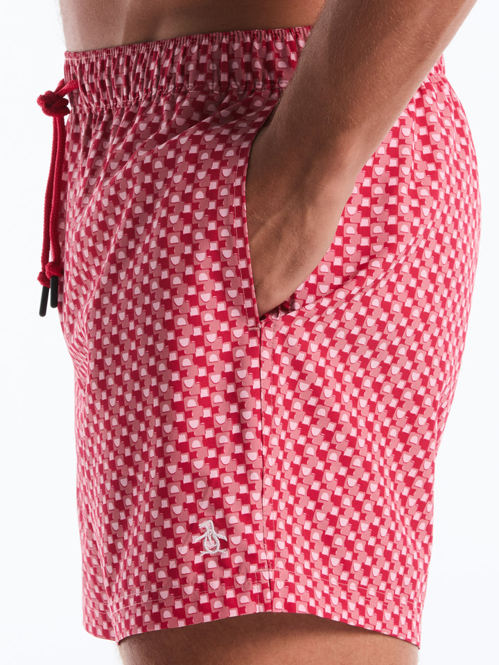 5 Inch Geometric Print Swim Shorts (Raspberry Wine) 