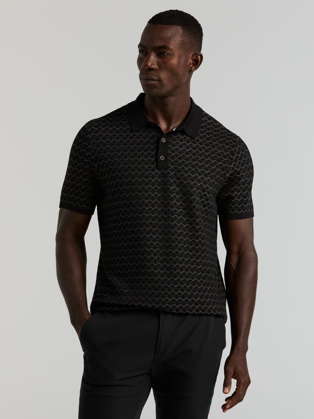 Cotton Jacquard Polo Sweater (Black) 