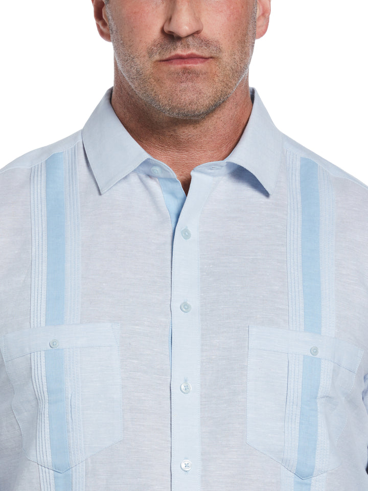 Big & Tall Linen Blend Cross Dye Guayabera Shirt (Cerulean) 