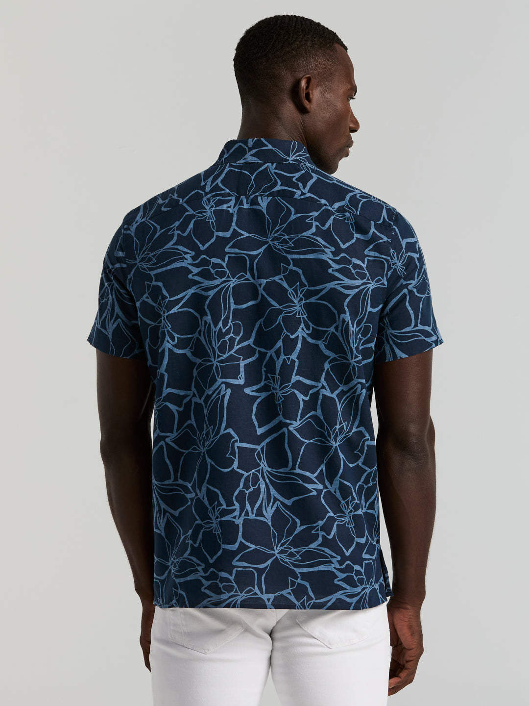 Men's Linen Floral Print Shirt (Dark Sapphire) 