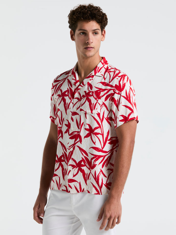 Wave Floral Print Camp Shirt (True Red) 