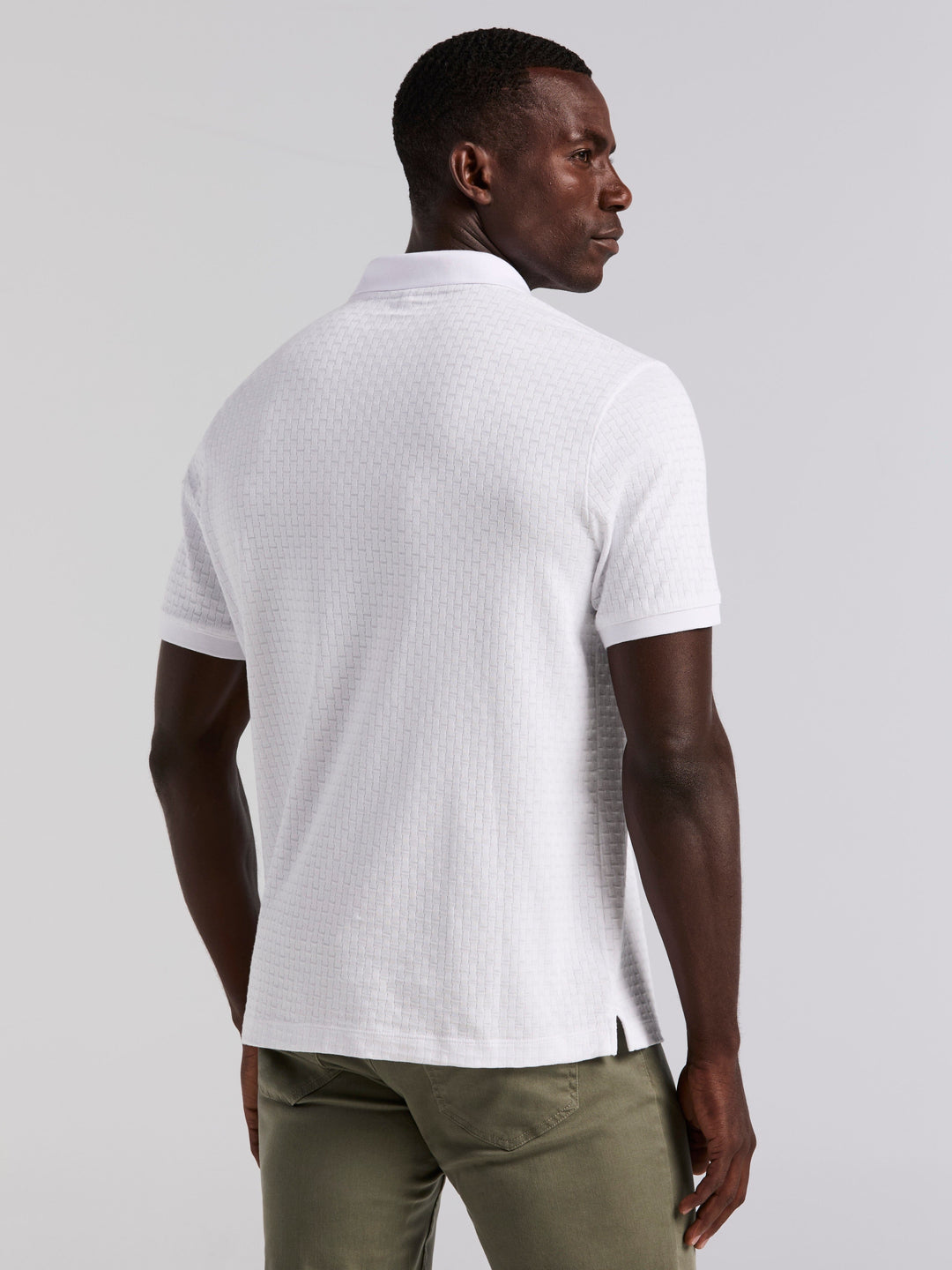 Cotton Jacquard Textured Geometric Polo Shirt (Bright White) 