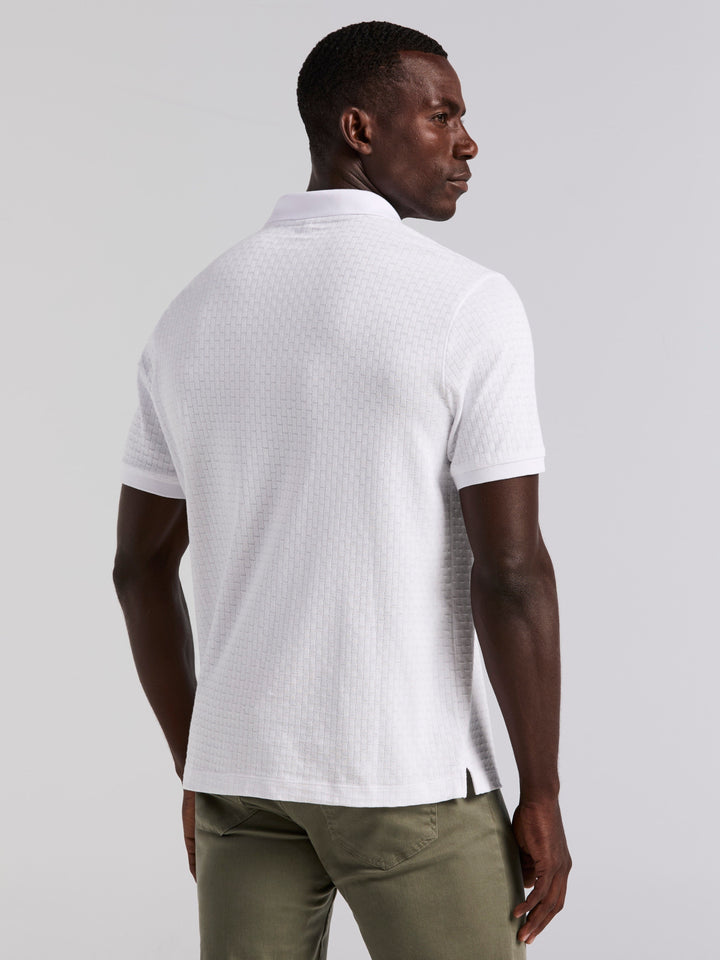Cotton Jacquard Textured Geometric Polo Shirt (Bright White) 