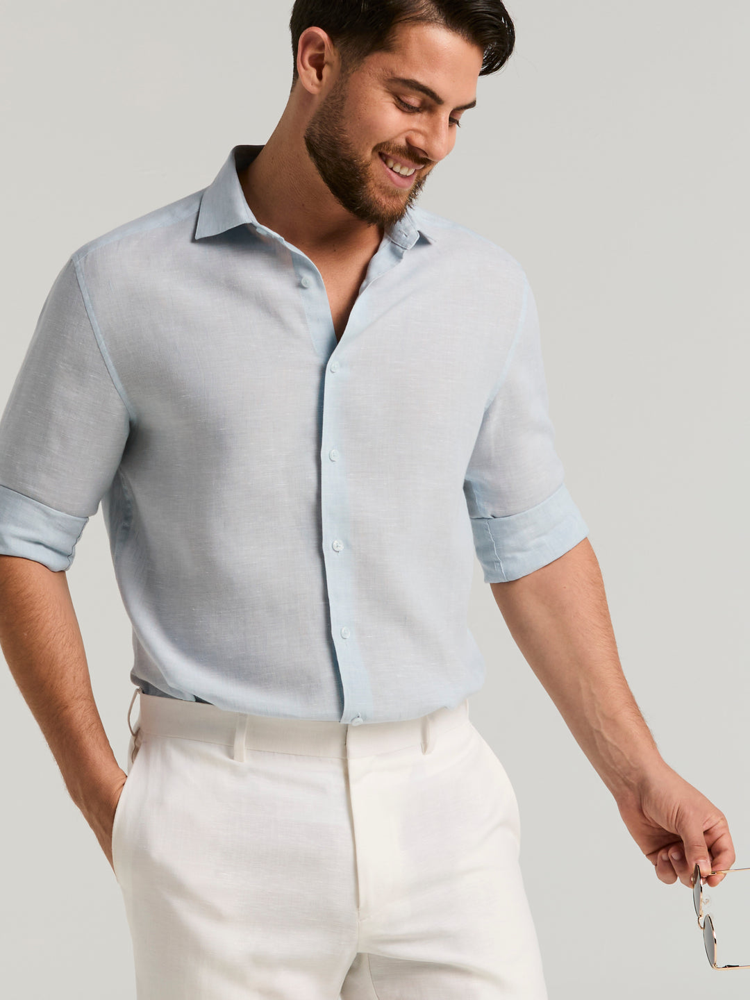 Linen Blend Wrinkle-Resistant Shirt (Cerulean) 