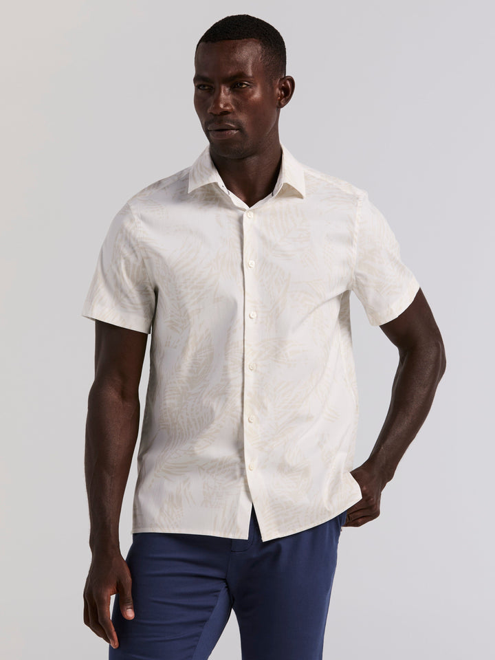 Short Sleeve Textured Feather Palm Print Cotton Shirt (Silver Birch) 