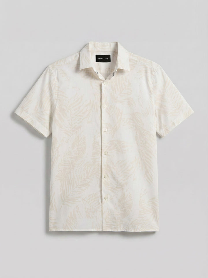Short Sleeve Textured Feather Palm Print Cotton Shirt (Silver Birch) 