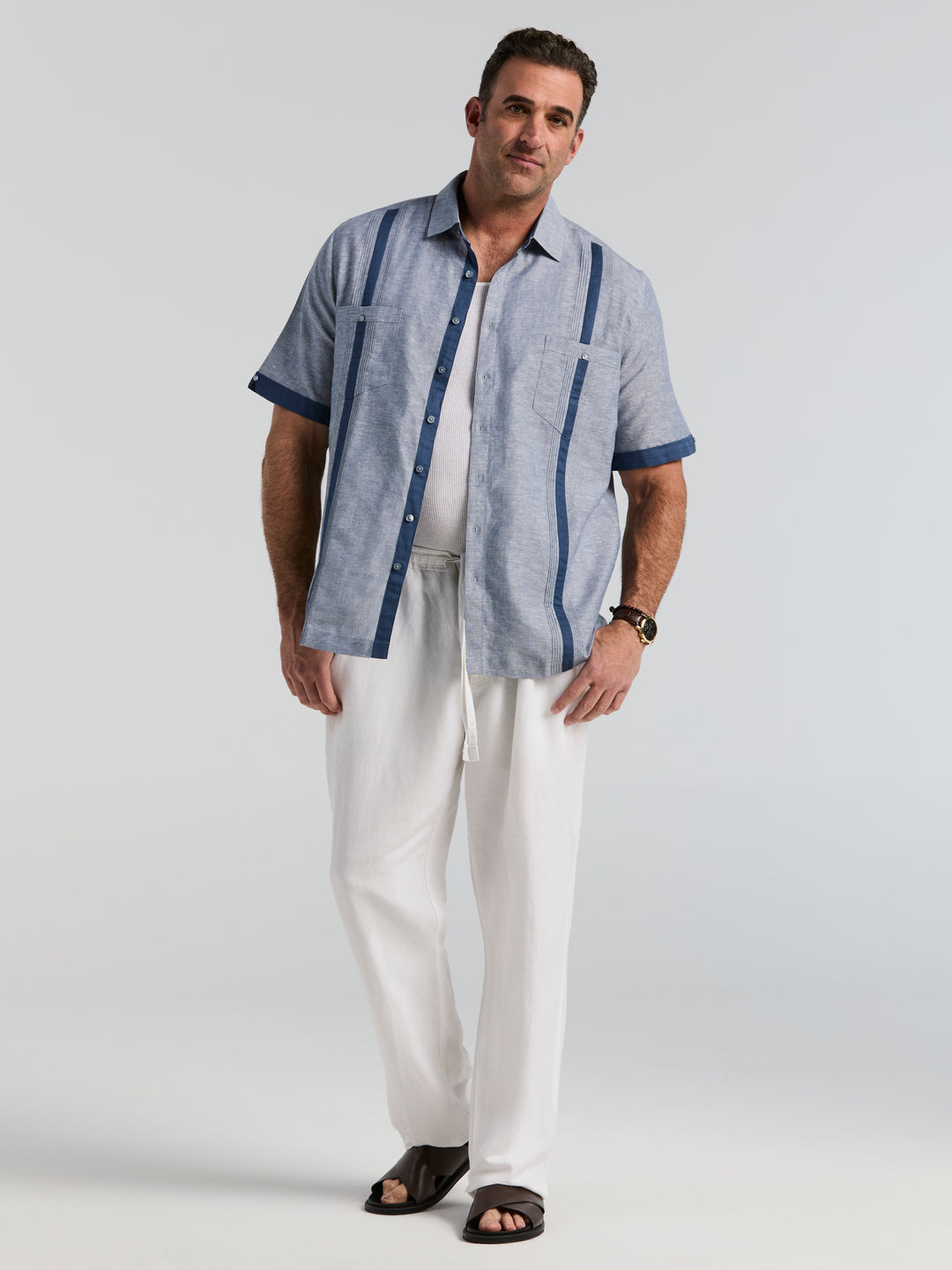 Big & Tall Linen Blend Guayabera Shirt (Ensign Blue) 