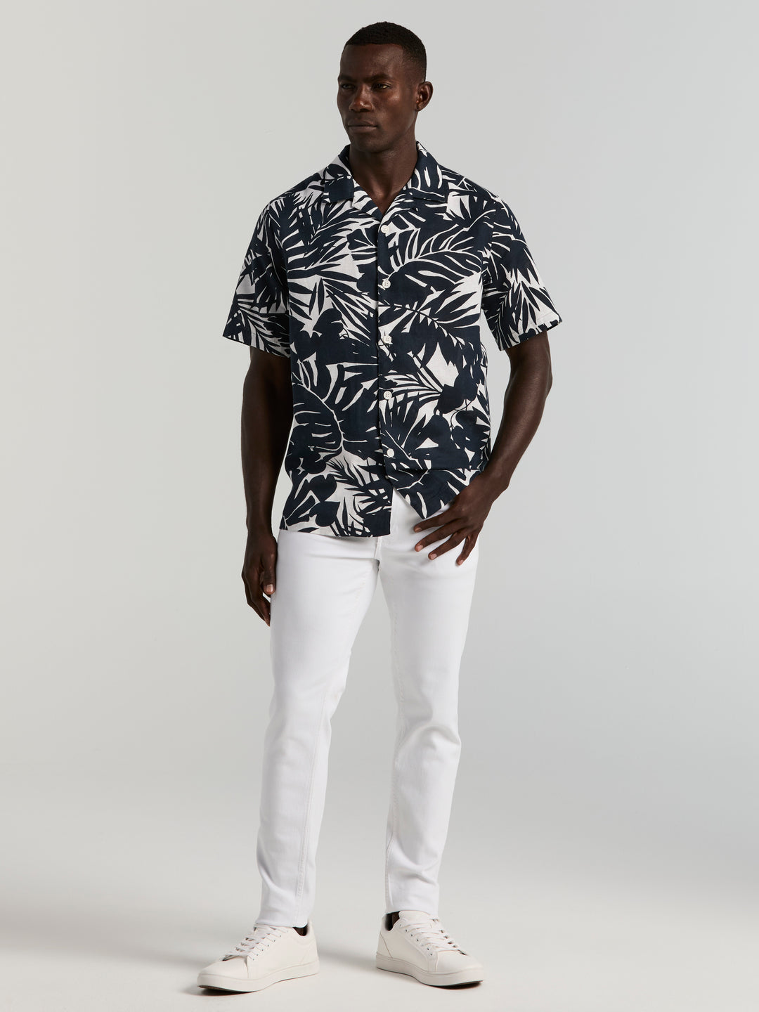 Tropical Leaf Print Camp Collar Shirt (Dark Sapphire) 