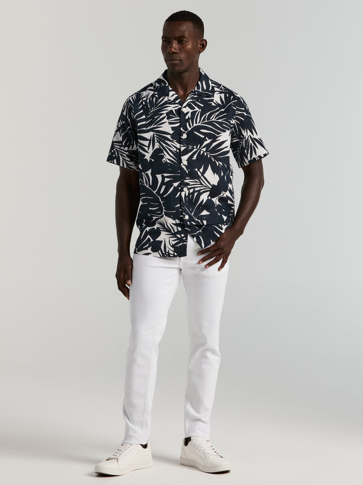 Tropical Leaf Print Camp Collar Shirt (Dark Sapphire) 