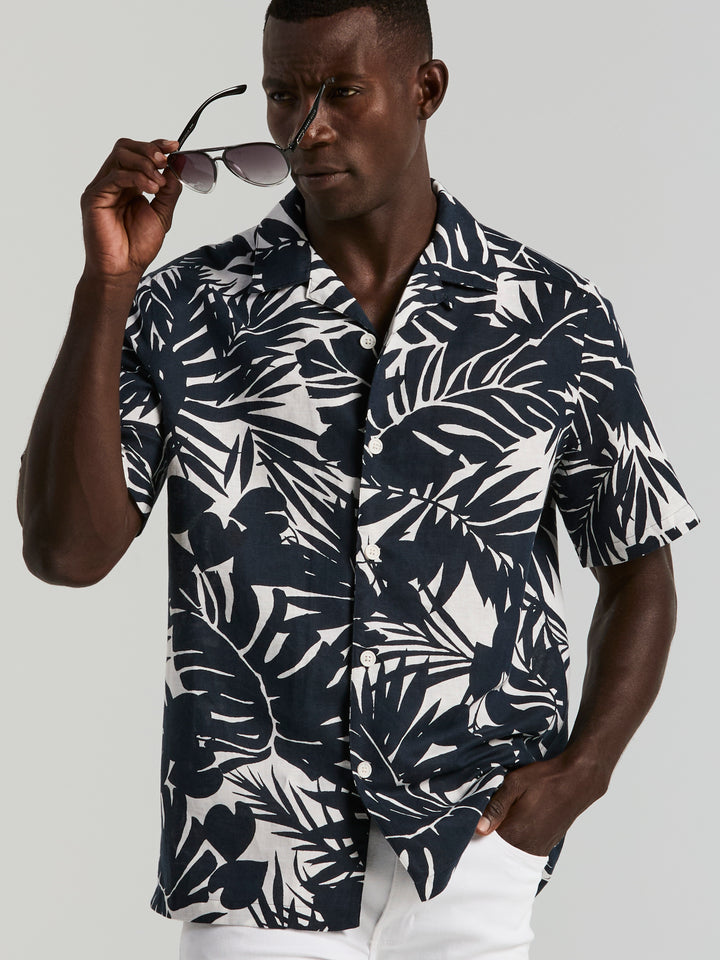 Tropical Leaf Print Camp Collar Shirt (Dark Sapphire) 