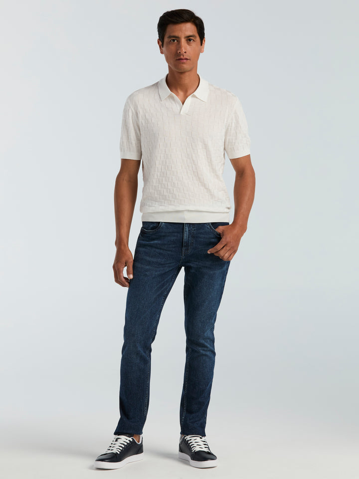 Checker Texture Open Polo Sweater (Bright White) 