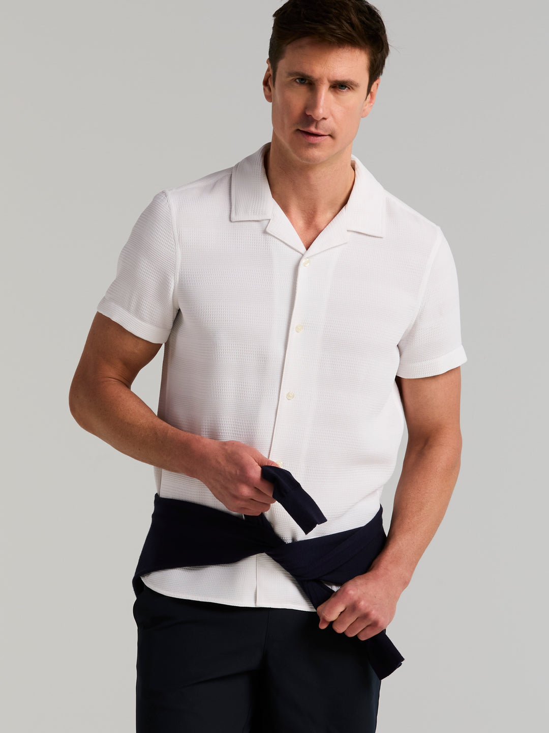Men's Short Sleeve Dobby Stripe Camp Collar Shirt (Bright White) 