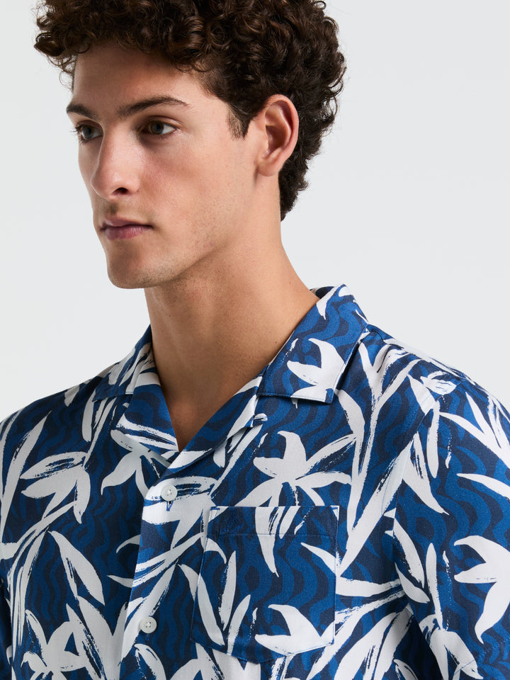 Wave Floral Print Camp Shirt (Blue Quartz) 