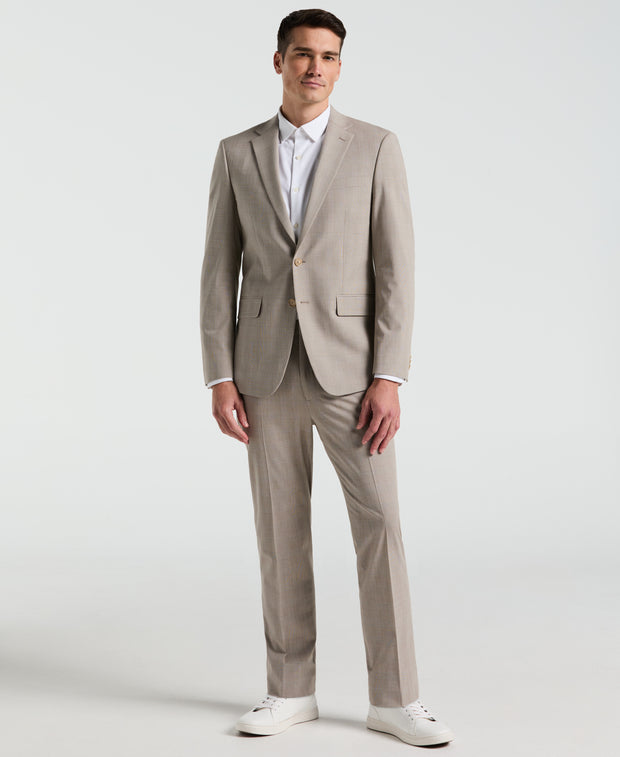 Slim Fit Plaid Print Suit Jacket (Tan) 